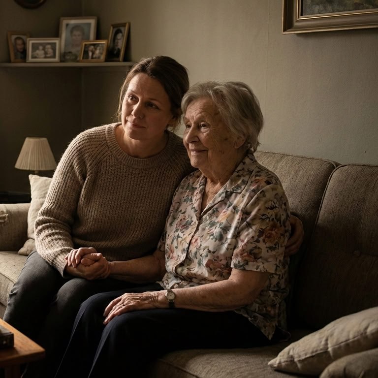 Дочь рядом с пожилой матерью дома